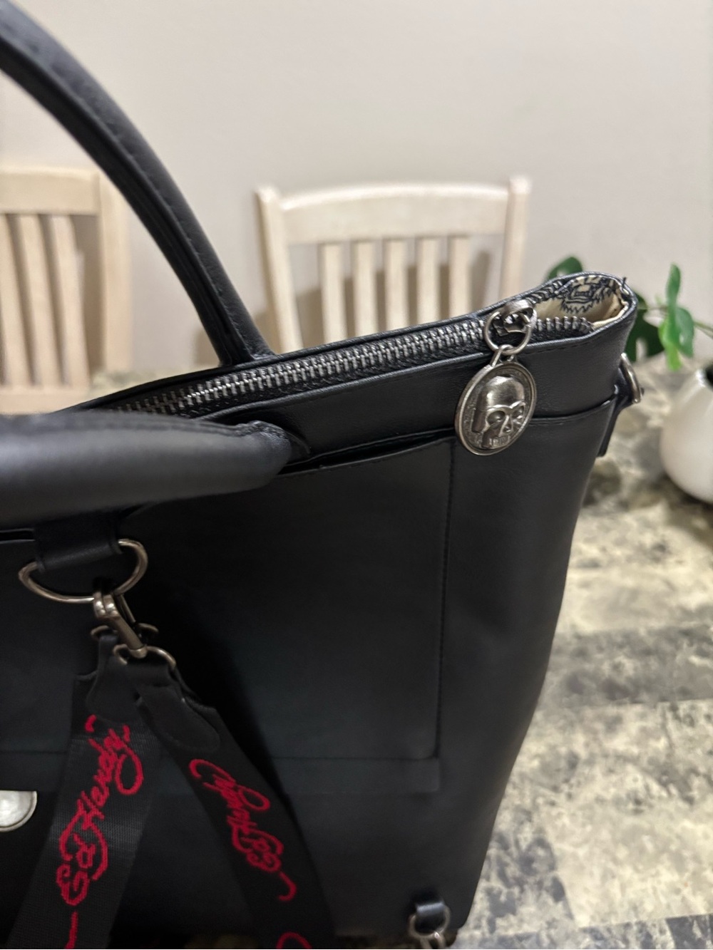 Ed Hardy Silver Metallic Backpack with Black Handles and Red Accents - Picture 6 of 15